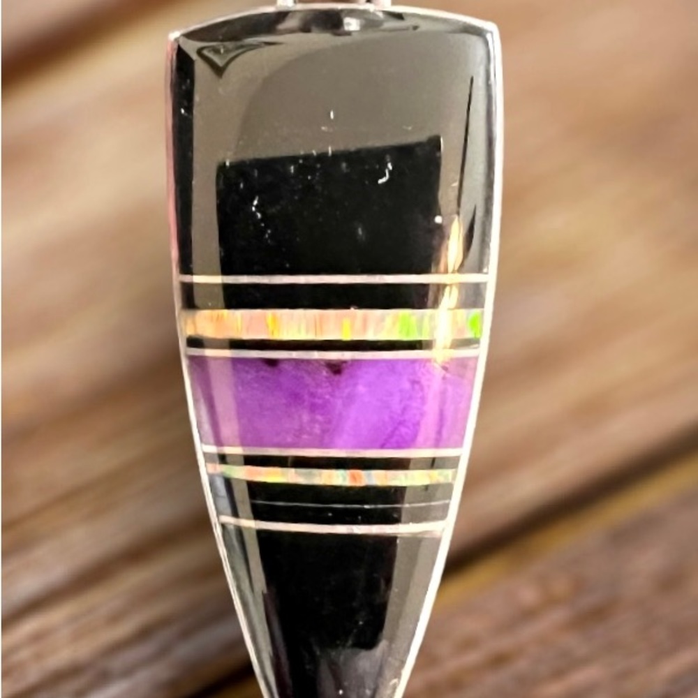 Signed Native American made Onyx, Opal + & sterling silver pendant